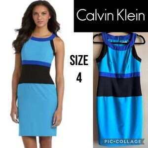 Calvin Klein Womens Dress Blue Black Colorblock Sleeveless Sheath Career Size 6